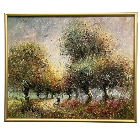 Janusz Olszewski (b.1944) Impressionist Heavy Oil on Canvas Walking Under the Trees 1983 Gold Gilt Frame 30x25
