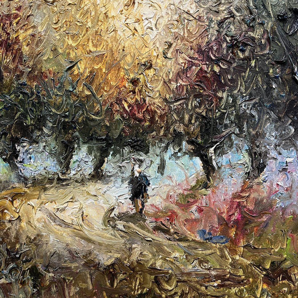 Janusz Olszewski (b.1944) Impressionist Heavy Oil on Canvas Walking Under the Trees 1983 Gold Gilt Frame 30x25