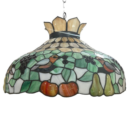 Mosaic Slag & Stained Lead Glass Dome Chandelier w/ Birds & Fruit 25Wx15H