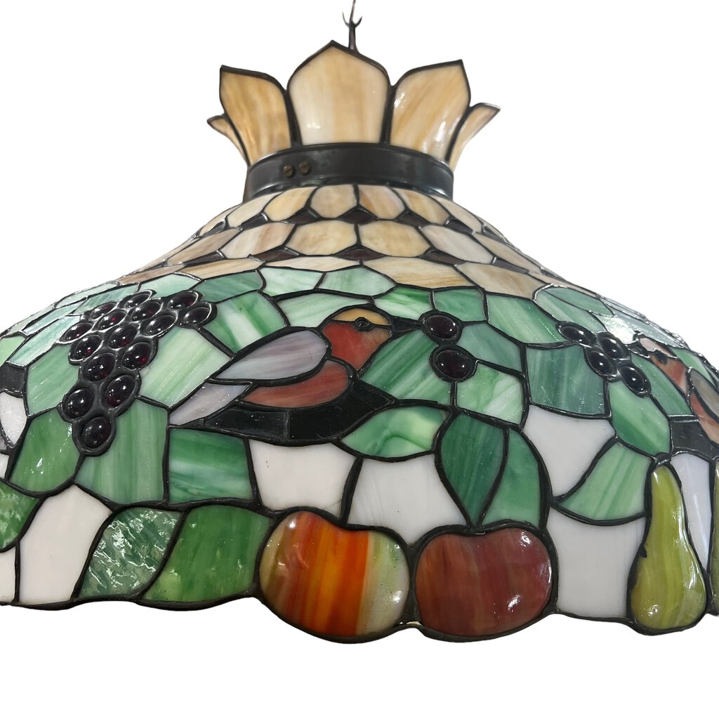 Mosaic Slag & Stained Lead Glass Dome Chandelier w/ Birds & Fruit 25Wx15H