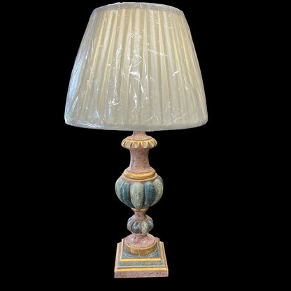 Vintage Wildwood Table Lamp Carved Hand-painted Wood w/ Teal & Gold Gild w/ New Shade 30" tall