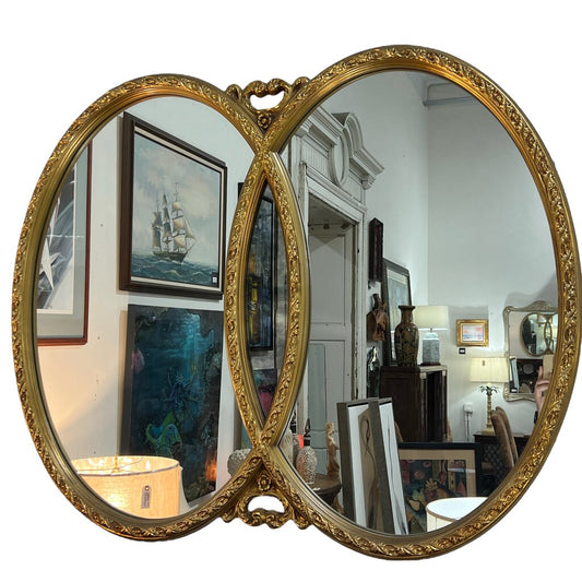 Vintage Hollywood Regency Double Oval Mirror w/ Gold Gilded Wood Frame 47" x 39"