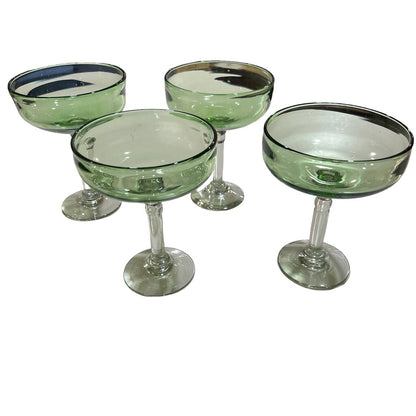 Set of Four Vintage Mexican Hand Blown Green Margarita Glasses