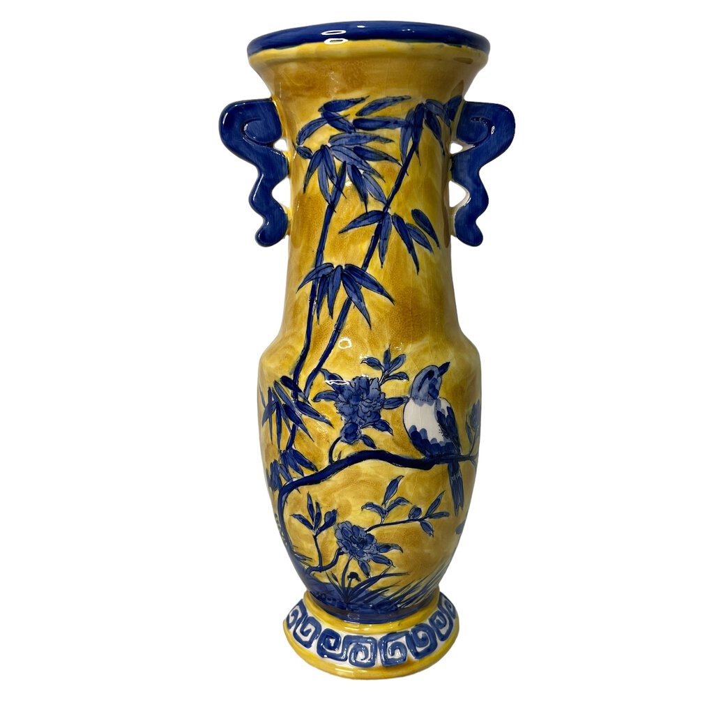 Blue & Yellow Handpainted Bird on Bamboo Ceramic Wall Sconce 12" tall