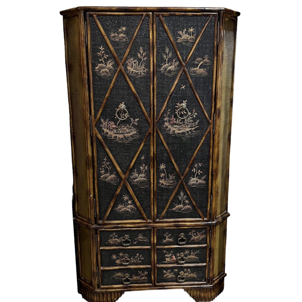 Chinoiserie Corner Burnt Scorched Faux Bamboo Oriental Armoire Cabinet 75"H x 41" W