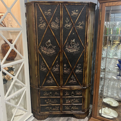 Chinoiserie Corner Burnt Scorched Faux Bamboo Oriental Armoire Cabinet 75"H x 41" W