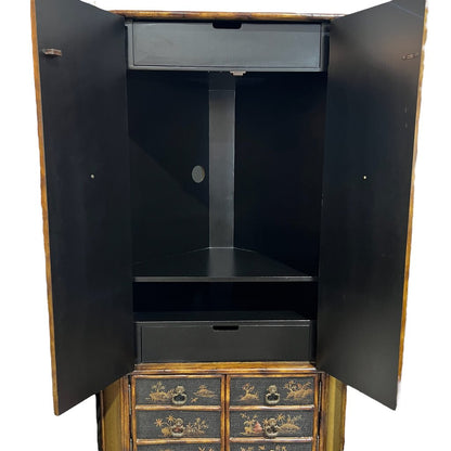 Chinoiserie Corner Burnt Scorched Faux Bamboo Oriental Armoire Cabinet 75"H x 41" W