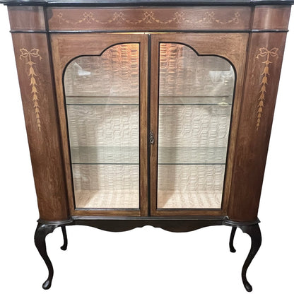 Antique English Inlay Queen Anne Style China Cabinet w/2 Glass Shelves & Key 48Lx15Wx61H