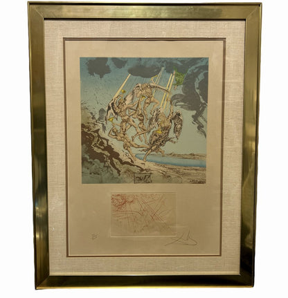 Salvador Dali Hommage a Homere "Return Of Ulysses" Signed Etching 89/350 1977 Matted & Framed in Brass Frame 30"x38"