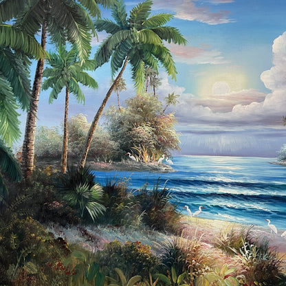 Vintage Florida Palms Birds Beach Scene Oil Painting by: W. Riley 41"x29"