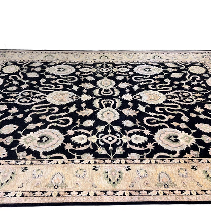 Hand Knotted Black & Ivory Wool Peshawar w/ Mahal Design Rug 10'3"x14'2" Afghanistan