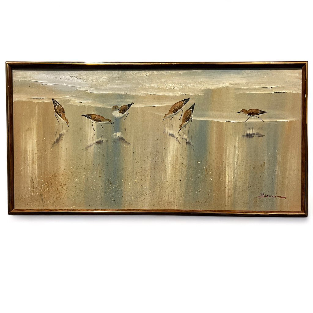 Mid-Century Seascape Ocean Shore Sand Piper Birds by: Herman Biemann (1930-2015) 31"x16"