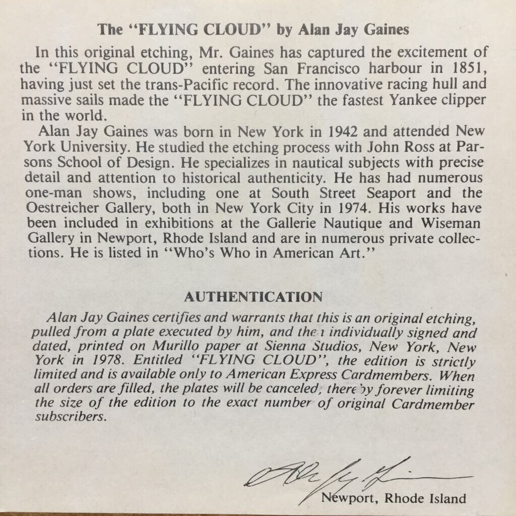 1978 Alan Jay Gaines Signed Etching "The Flying Cloud" matted and framed, 26" x 23"